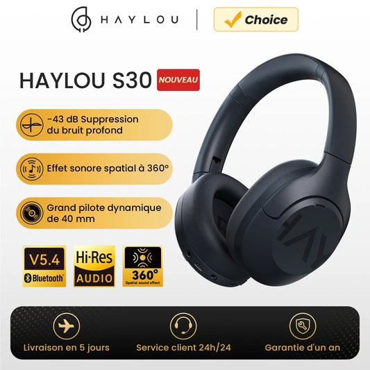 HAYLOU S30 Wireless Bluetooth 5.4 Headphones 43dB Adaptive Noise Cancelling Headsets 40mm Dynamic Driver 80H Playtime Earphones