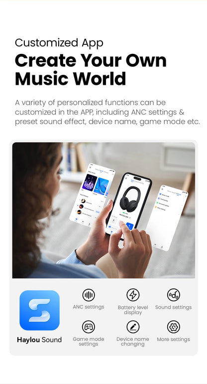 HAYLOU S30 Wireless Bluetooth 5.4 Headphones 43dB Adaptive Noise Cancelling Headsets 40mm Dynamic Driver 80H Playtime Earphones